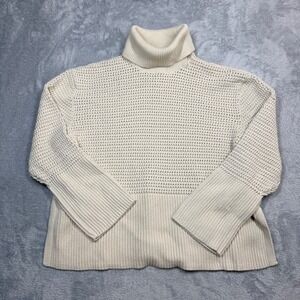 GAP‎ Sweater Women M Cream White Cable Knit Turtleneck 24/7 Split-Hem Crochet